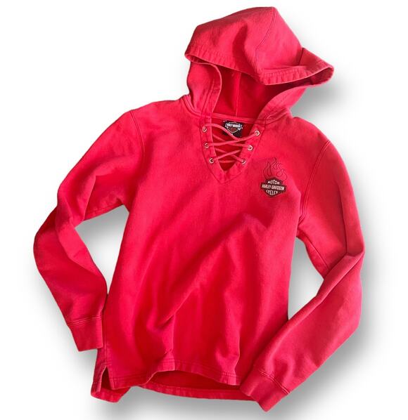 Harley Davidson Tops - Vintage Y2K Harley Davidson Lace Up Neck Hoodie Sweatshirt Womens Size Small